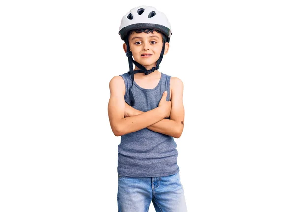 Niño Lindo Pequeño Con Casco Bicicleta Cara Feliz Sonriendo Con —  Fotos de Stock