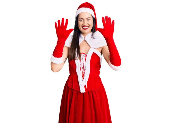 Joven Hermosa Mujer Caucásica Con Traje Santa Claus Mostrando Señalando — Foto de Stock