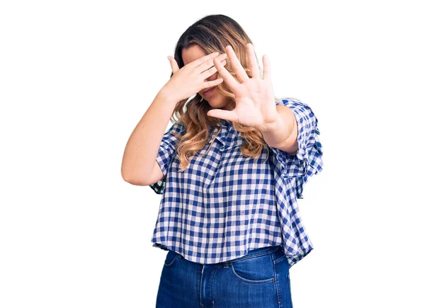 Young Caucasian Woman Wearing Casual Clothes Covering Eyes Hands Doing — Stock Photo, Image