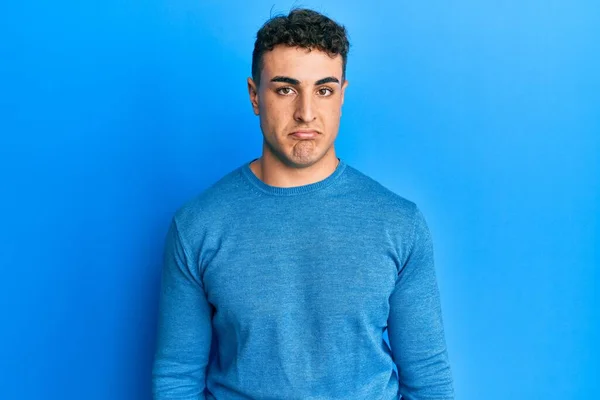 Hispanic Young Man Wearing Casual Winter Sweater Depressed Worry Distress — Stock Photo, Image