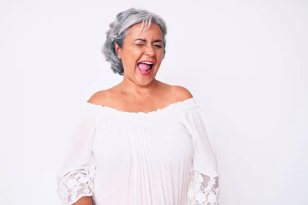 Senior Hispanic Grey Haired Woman Wearing Casual Clothes Winking Looking — Stock Photo, Image