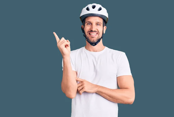 Young Handsome Man Wearing Bike Helmet Big Smile Face Pointing — Stock Photo, Image
