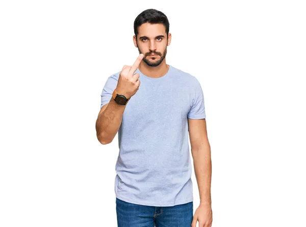 Young Hispanic Man Wearing Casual Clothes Showing Middle Finger Impolite — 스톡 사진