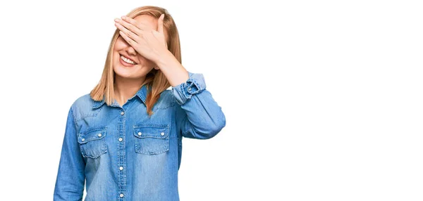 Beautiful Caucasian Woman Wearing Casual Denim Jacket Smiling Laughing Hand — Stock Photo, Image