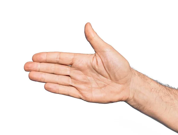 孤立した白い背景ストレッチと握手のためのオープン手で手を伸ばして ヤシを示す — ストック写真