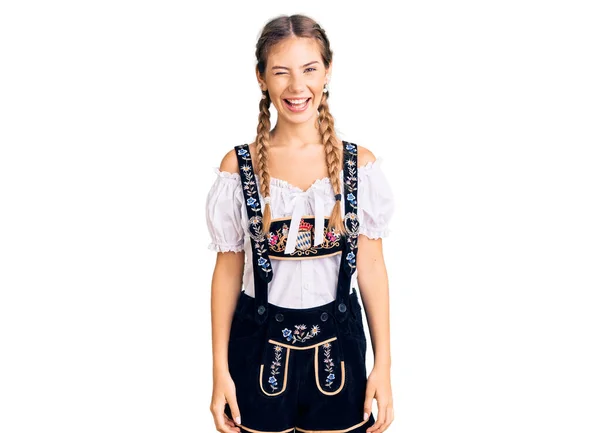 Beautiful Caucasian Woman Blonde Hair Wearing Octoberfest Traditional Clothes Winking — Stock Photo, Image