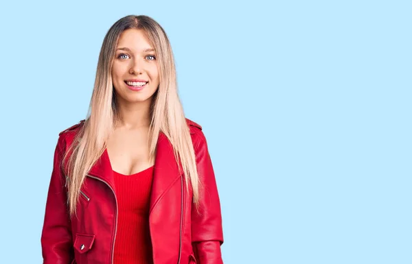 Young Beautiful Blonde Woman Wearing Red Leather Jacket Looking Positive — Stock Photo, Image