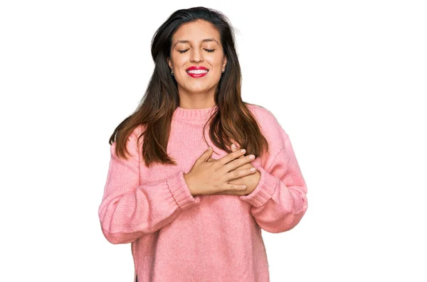 Beautiful Hispanic Woman Wearing Casual Winter Sweater Smiling Hands Chest — Stock Photo, Image