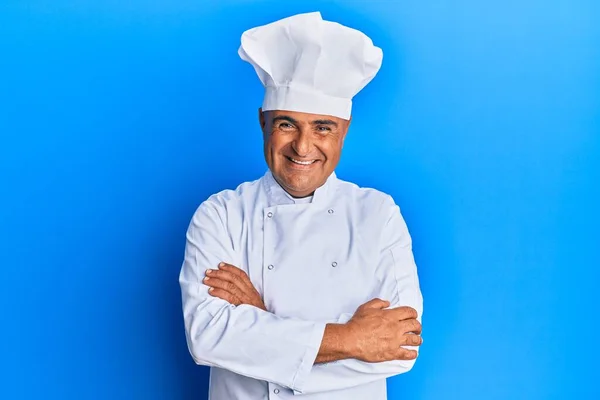 Mature Middle East Man Wearing Professional Cook Uniform Hat Happy — Stock Photo, Image