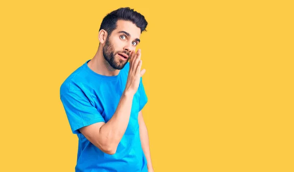 Young Handsome Man Beard Wearing Casual Shirt Hand Mouth Telling — Stock Photo, Image