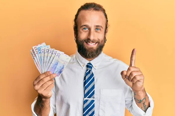 Handsome Man Beard Long Hair Holding Swedish Krona Banknotes Smiling — Stock Photo, Image