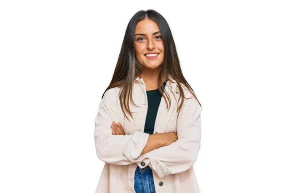 Mulher Hispânica Bonita Vestindo Roupas Casuais Rosto Feliz Sorrindo Com — Fotografia de Stock