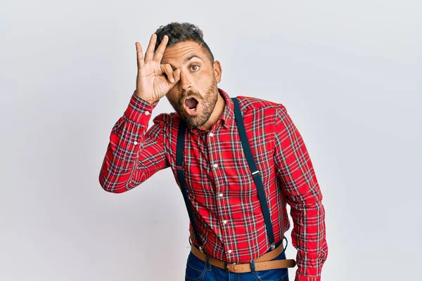 Handsome Man Beard Wearing Hipster Elegant Look Doing Gesture Shocked — Stock Photo, Image