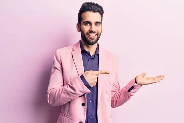 Young Handsome Man Beard Wearing Elegant Jacket Amazed Smiling Camera — Stock Photo, Image