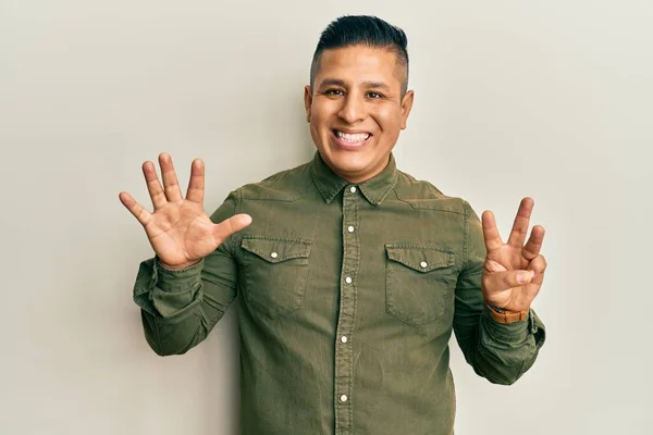 Young Latin Man Wearing Casual Clothes Showing Pointing Fingers Number — Stock Photo, Image