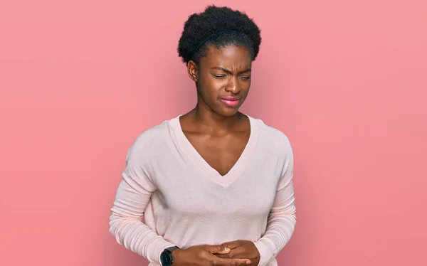 Young African American Girl Wearing Casual Clothes Hand Stomach Because — Stock Photo, Image