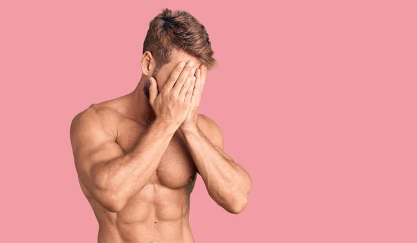 Young Caucasian Man Standing Shirtless Sad Expression Covering Face Hands — Stock Photo, Image