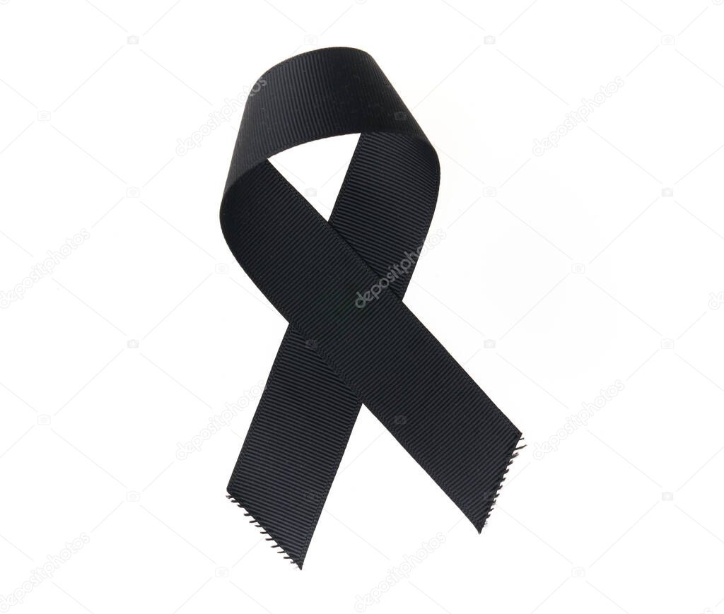 Black awareness ribbon over isolated white background.
