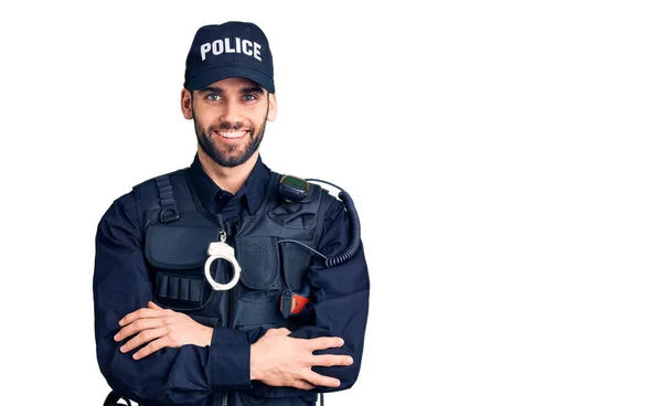 Jonge Knappe Man Met Baard Politie Uniform Vrolijk Gezicht Glimlachend — Stockfoto