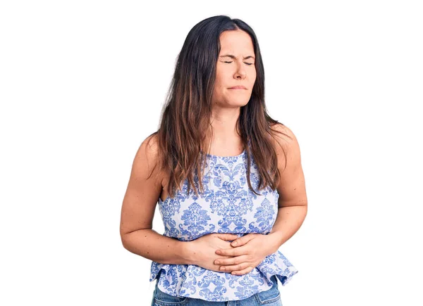 Young Beautiful Brunette Woman Wearing Casual Shirt Hand Stomach Because — Stock Photo, Image