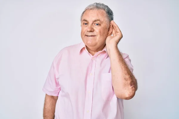 Senior Grey Haired Man Wearing Casual Clothes Smiling Hand Ear — Stock Photo, Image