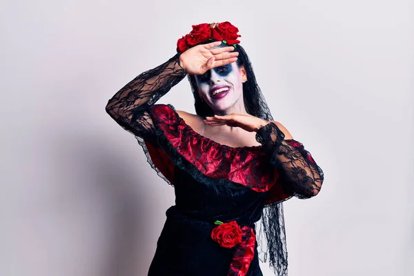 Young Woman Wearing Mexican Day Dead Makeup Smiling Cheerful Playing — Stock Photo, Image