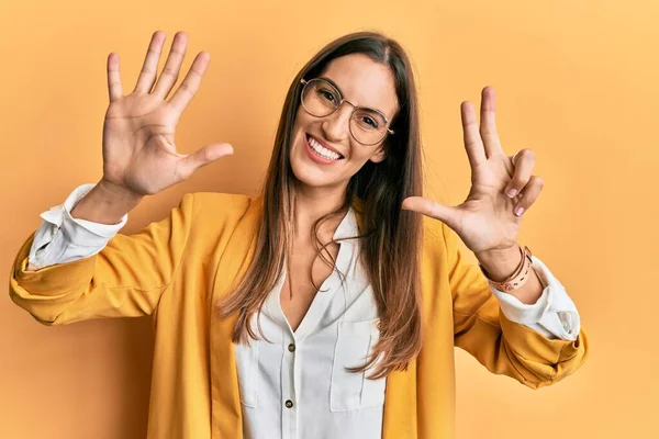 Young Beautiful Woman Wearing Business Style Glasses Showing Pointing Fingers — Stock Photo, Image