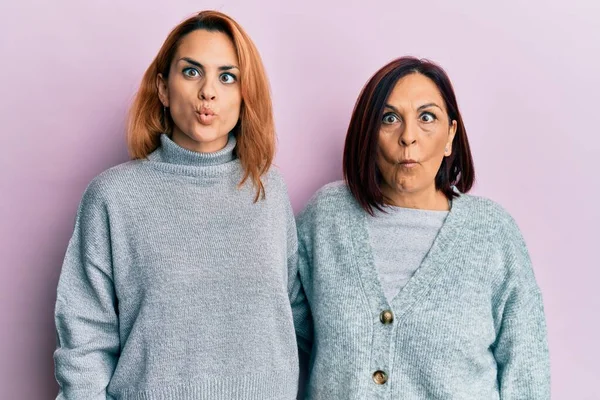 Latin Mother Daughter Wearing Casual Clothes Making Fish Face Lips — Stock Photo, Image