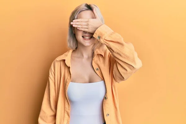 Young Blonde Girl Wearing Casual Clothes Smiling Laughing Hand Face — Stock Photo, Image