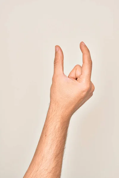 Mano Joven Caucásico Mostrando Dedos Sobre Fondo Blanco Aislado Recogiendo — Foto de Stock