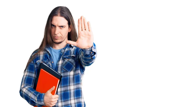 Homem Adulto Jovem Com Cabelo Longo Segurando Livro Colagem Com — Fotografia de Stock