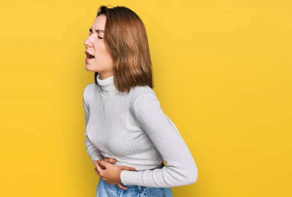 Jong Blank Meisje Draagt Casual Kleding Met Hand Maag Omdat — Stockfoto