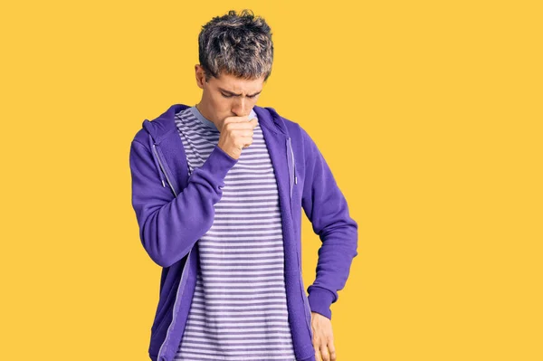Young Handsome Man Wearing Casual Purple Sweatshirt Feeling Unwell Coughing — Stock Photo, Image