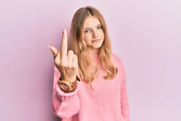 Beautiful Young Caucasian Girl Wearing Casual Clothes Showing Middle Finger — Stock Photo, Image