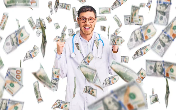 Handsome Young Man Bear Wearing Doctor Uniform Celebrating Surprised Amazed — Stock Photo, Image