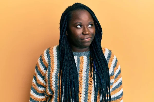 Young Black Woman Braids Wearing Casual Winter Sweater Smiling Looking — Stock Photo, Image