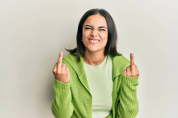 Young Brunette Woman Wearing Casual Clothes Showing Middle Finger Doing — Φωτογραφία Αρχείου