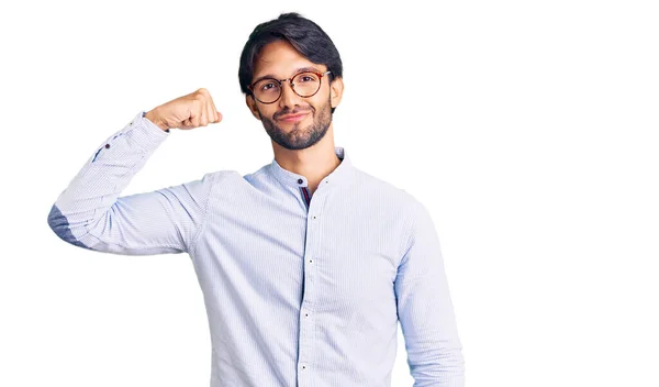 Handsome Hispanic Man Wearing Business Shirt Glasses Strong Person Showing — Stock Fotó