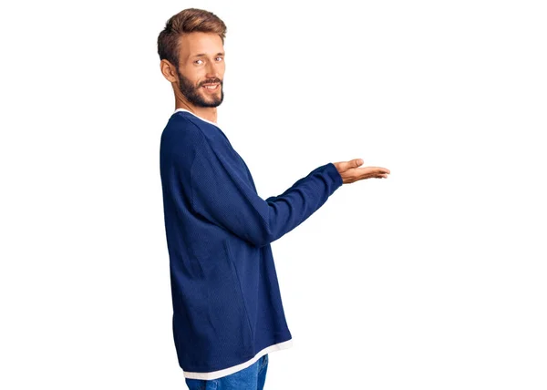 Handsome Blond Man Beard Wearing Casual Sweater Pointing Aside Hands — Stock Photo, Image