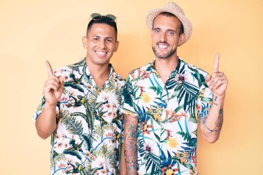 Yaz şapkası takan ve Hawaii gömleği giyen iki genç eşcinsel adam farklı yönleri işaret ederek gülümsüyor. reklam için kopyalama alanı 