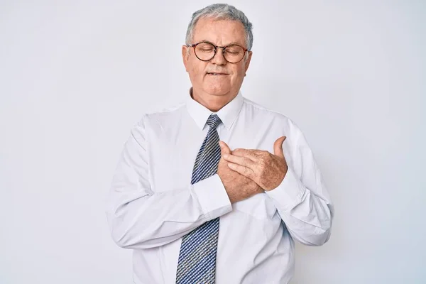 Senior Grey Haired Man Wearing Business Clothes Smiling Hands Chest — Stock Photo, Image