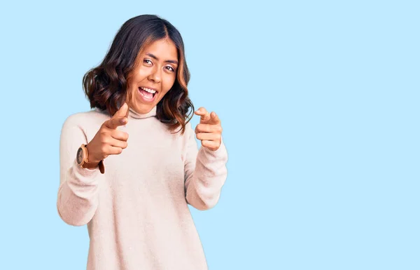 Young Beautiful Mixed Race Woman Wearing Winter Turtleneck Sweater Pointing — Stock Photo, Image