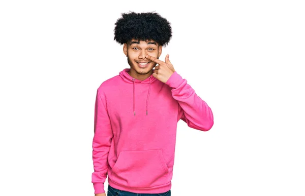 Young African American Man Afro Hair Wearing Casual Pink Sweatshirt — Stock Photo, Image