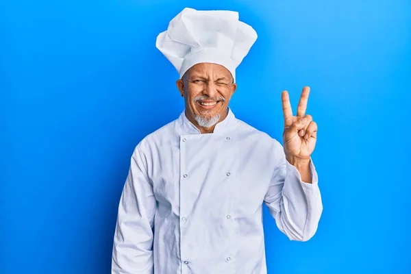 Middle Age Grey Haired Man Wearing Professional Cook Uniform Hat — 스톡 사진