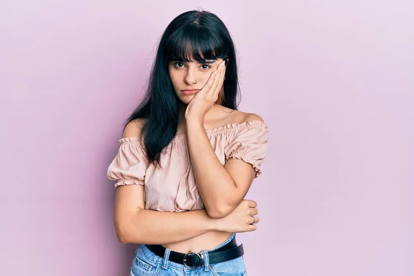 Young Hispanic Girl Wearing Casual Clothes Thinking Looking Tired Bored — Stock Photo, Image