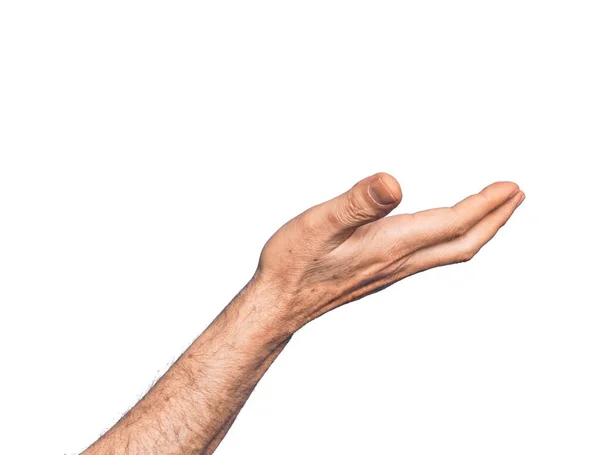 Hand Van Blanke Middelbare Leeftijd Man Geïsoleerde Witte Achtergrond Presenteren — Stockfoto