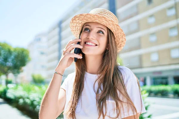 Young Blonde Woman Vacation Smiling Happy Having Conversation Talking Smartphone — Stock Photo, Image