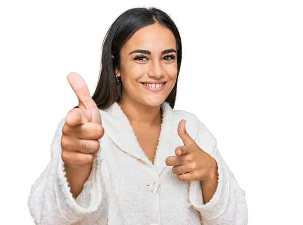 Young Brunette Woman Wearing Casual Clothes Pointing Fingers Camera Happy — Stock Photo, Image