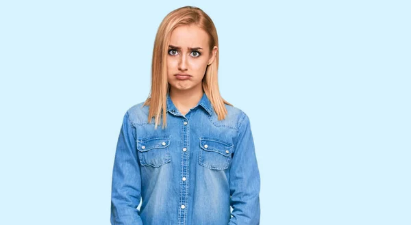 Beautiful Caucasian Woman Wearing Casual Denim Jacket Depressed Worry Distress — Stock Photo, Image