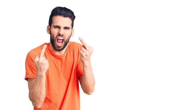 Young Handsome Man Beard Wearing Casual Shirt Showing Middle Finger — Φωτογραφία Αρχείου